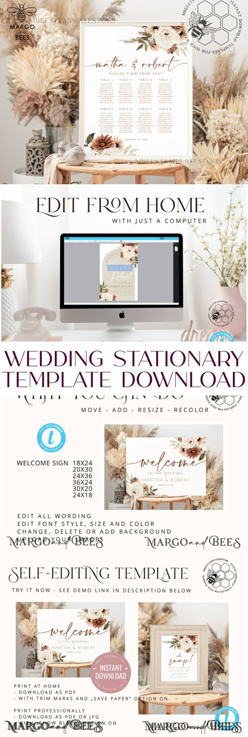 Boho Ivory wedding Invitations Set Template, Instant Download Printable Invites Home Printing, Simple Boho Wedding Invitation Card Set-7