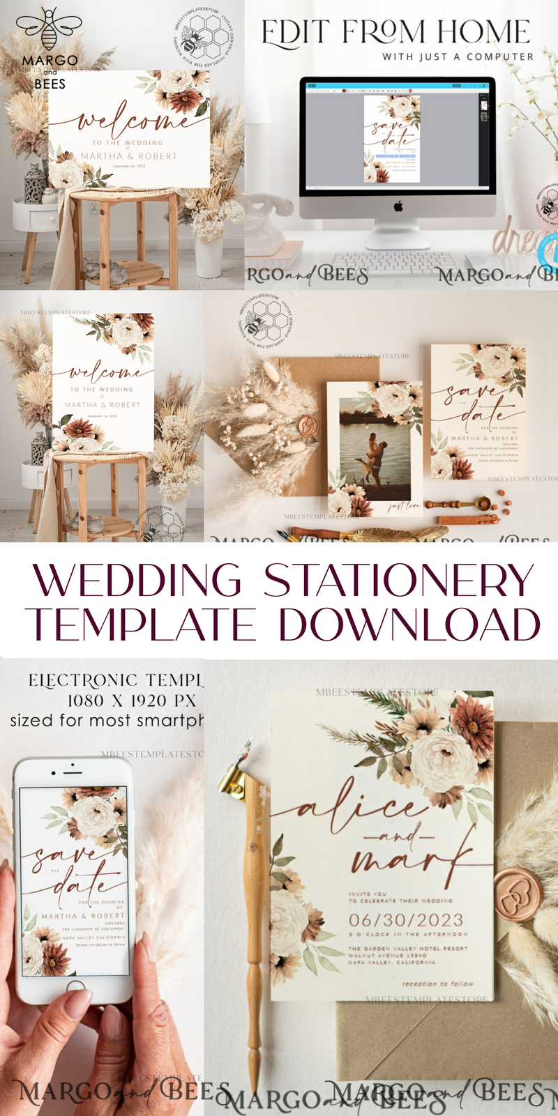 Boho Ivory wedding Invitations Set Template, Instant Download Printable Invites Home Printing, Simple Boho Wedding Invitation Card Set-24