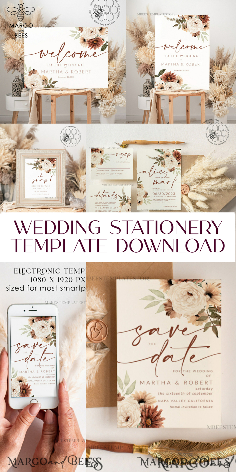 Boho Ivory wedding Invitations Set Template, Instant Download Printable Invites Home Printing, Simple Boho Wedding Invitation Card Set-23