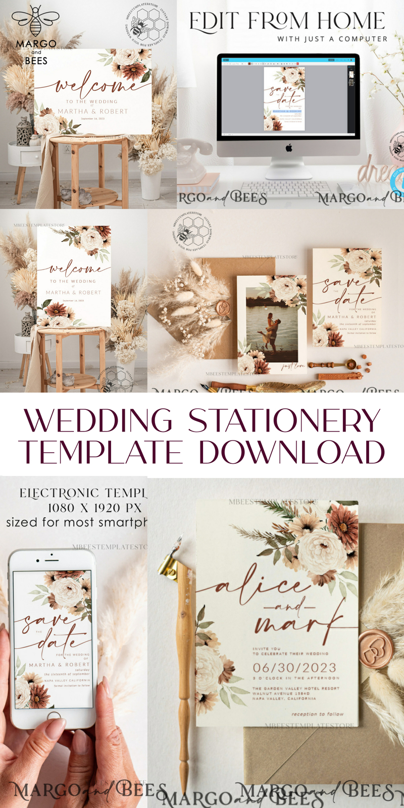 Boho Ivory wedding Invitations Set Template, Instant Download Printable Invites Home Printing, Simple Boho Wedding Invitation Card Set-22