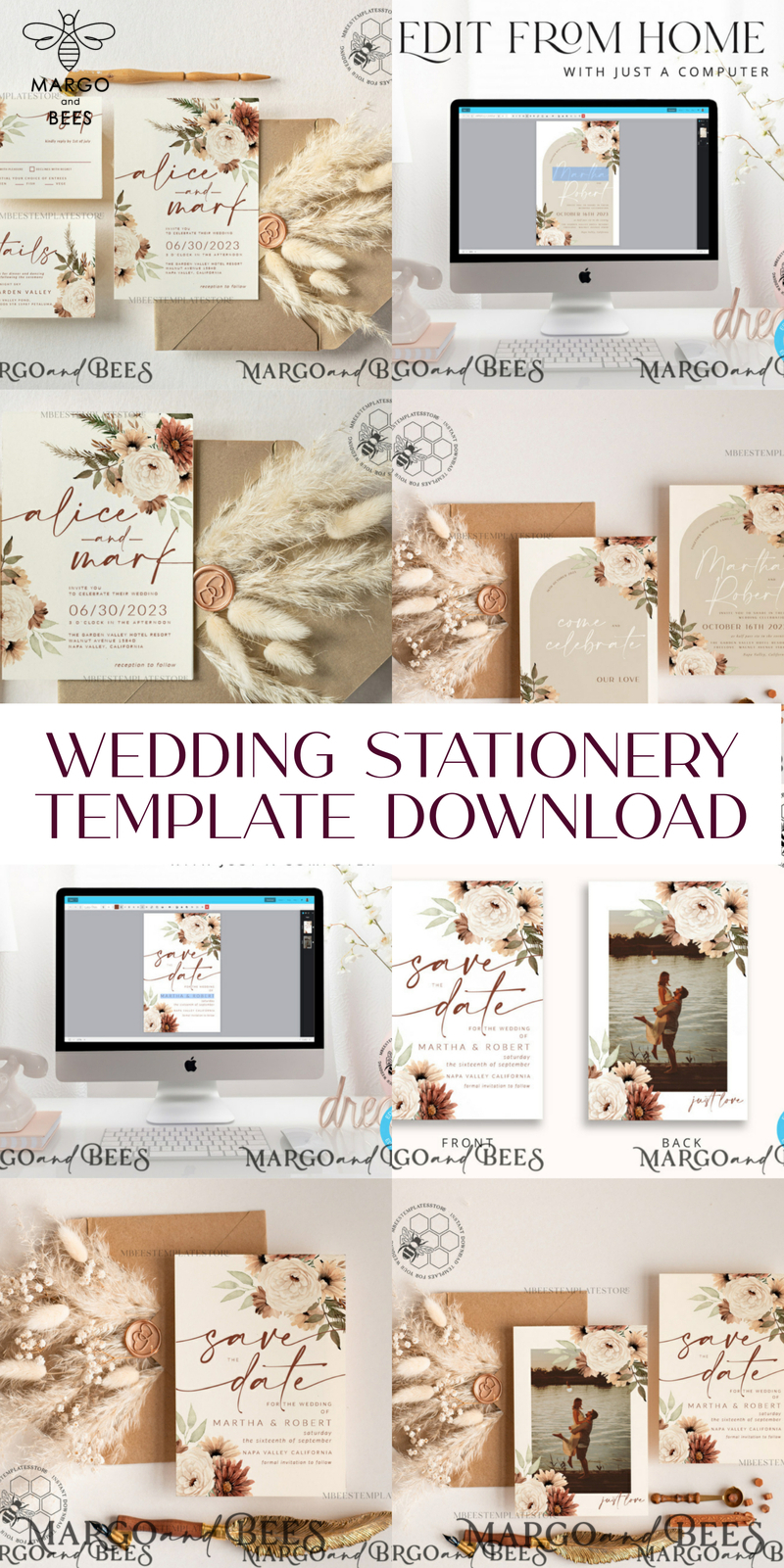 Boho Ivory wedding Invitations Set Template, Instant Download Printable Invites Home Printing, Simple Boho Wedding Invitation Card Set-21