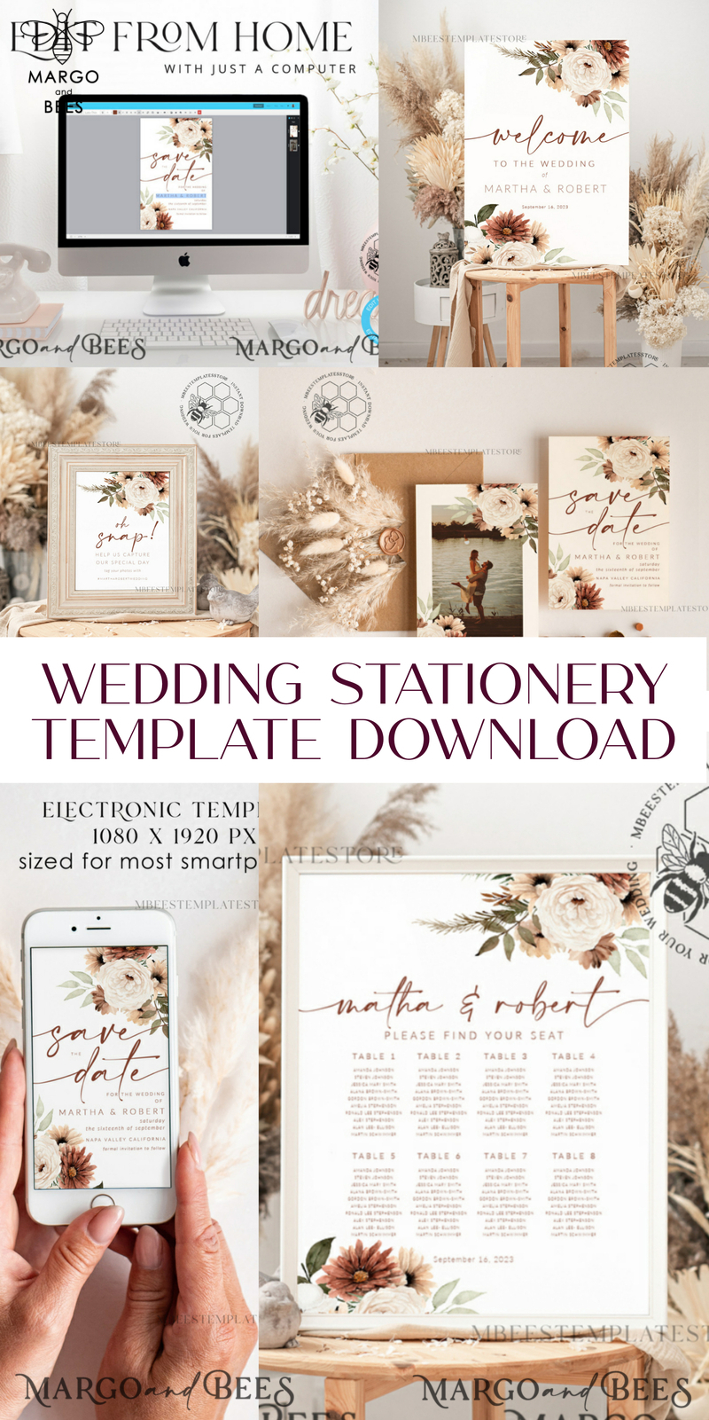 Boho Ivory wedding Invitations Set Template, Instant Download Printable Invites Home Printing, Simple Boho Wedding Invitation Card Set-19
