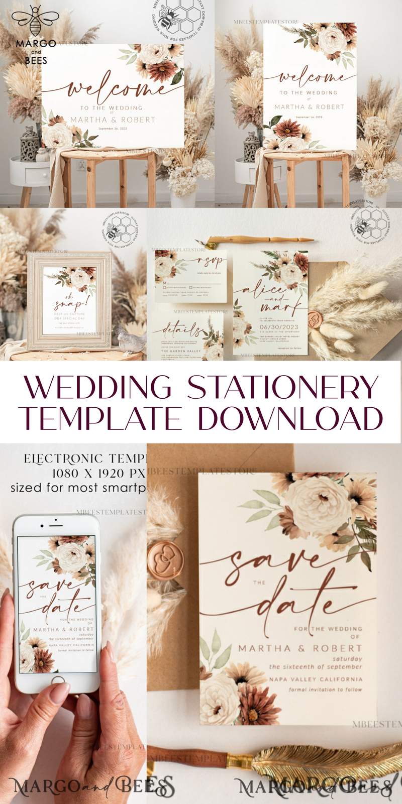 Boho Ivory wedding Invitations Set Template, Instant Download Printable Invites Home Printing, Simple Boho Wedding Invitation Card Set-14