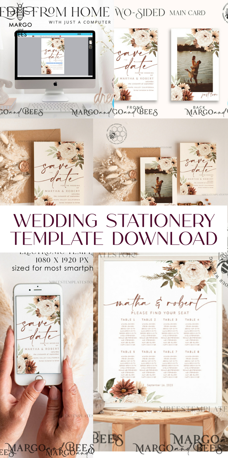 Boho Ivory wedding Invitations Set Template, Instant Download Printable Invites Home Printing, Simple Boho Wedding Invitation Card Set-13
