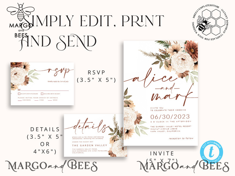Boho Ivory wedding Invitations Set Template, Instant Download Printable Invites Home Printing, Simple Boho Wedding Invitation Card Set-4