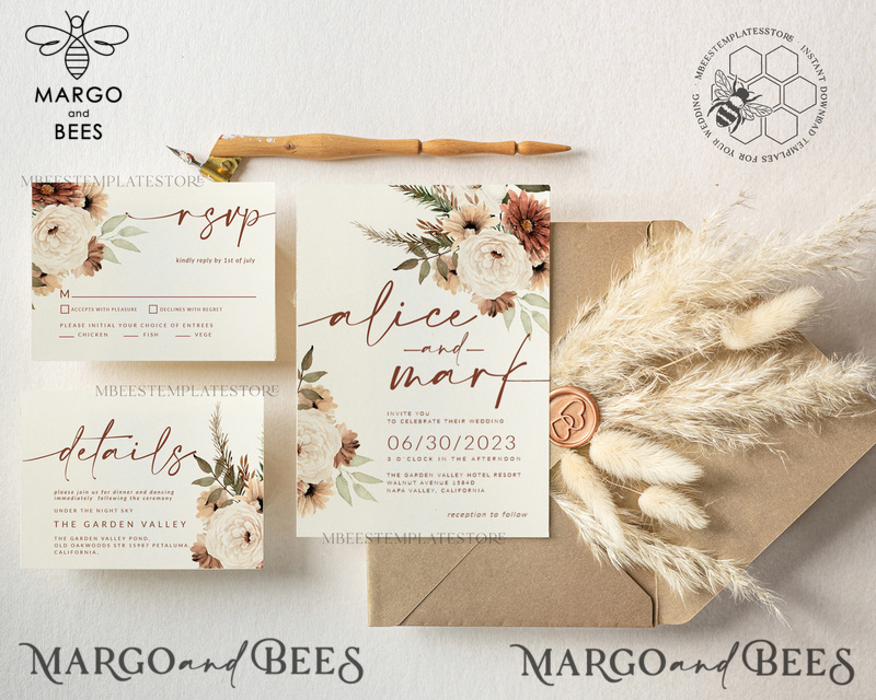 Boho Ivory wedding Invitations Set Template, Instant Download Printable Invites Home Printing, Simple Boho Wedding Invitation Card Set-0