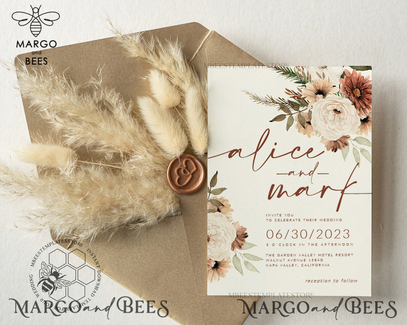 Boho Ivory wedding Invitations Set Template, Instant Download Printable Invites Home Printing, Simple Boho Wedding Invitation Card Set-2