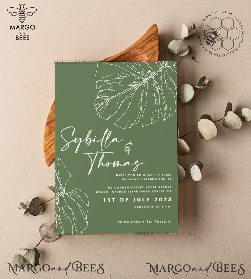 Sage Green wedding invitation template, Instant download Greenery Wedding Invites, Monstera Garden Wedding Invitations Set Printable-1