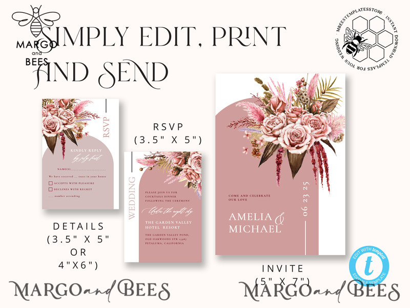 Arch Blush wedding Invitation Template, Instant Download Printable Invites Home Printing, Pink Boho Wedding Invitation Card Set Template-7