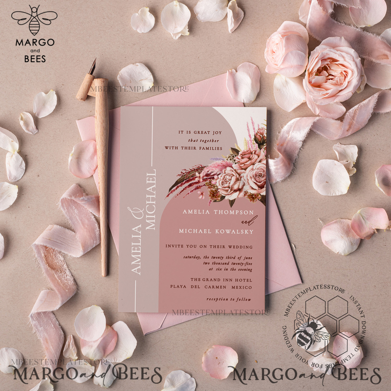 Arch Blush wedding Invitation Template, Instant Download Printable Invites Home Printing, Pink Boho Wedding Invitation Card Set Template-3
