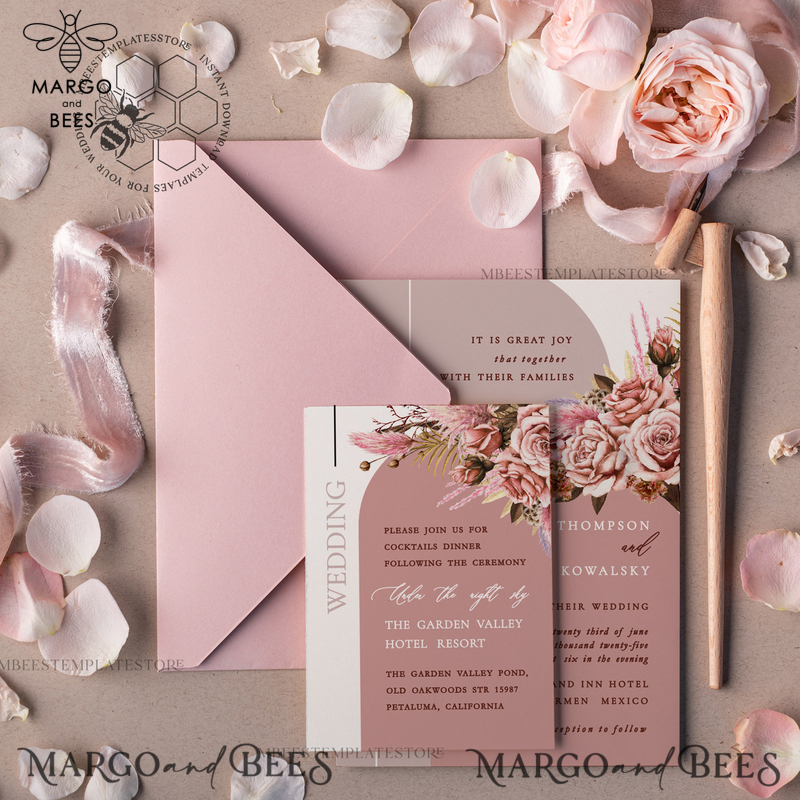Arch Blush wedding Invitation Template, Instant Download Printable Invites Home Printing, Pink Boho Wedding Invitation Card Set Template-4