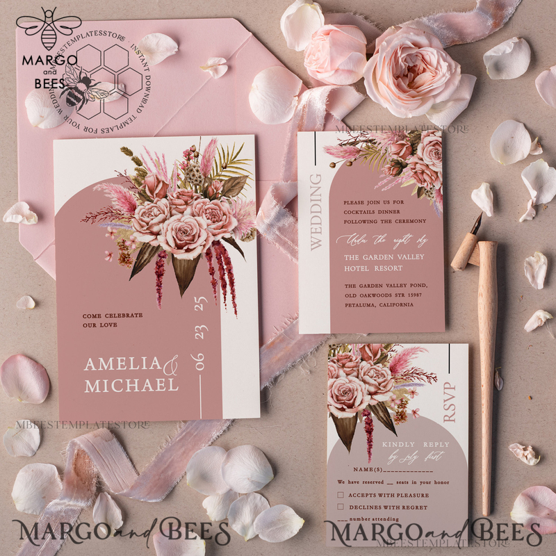 Arch Blush wedding Invitation Template, Instant Download Printable Invites Home Printing, Pink Boho Wedding Invitation Card Set Template-0