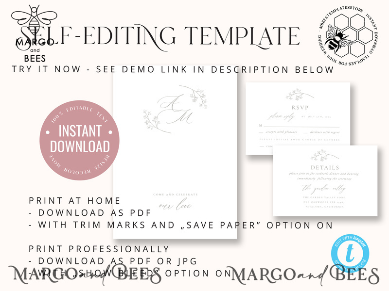 Elegant wedding Invitation Template, Simple Instant Download Printable Invites Home Printing, Boho Baby Breath Wedding Invitation Card Set-6