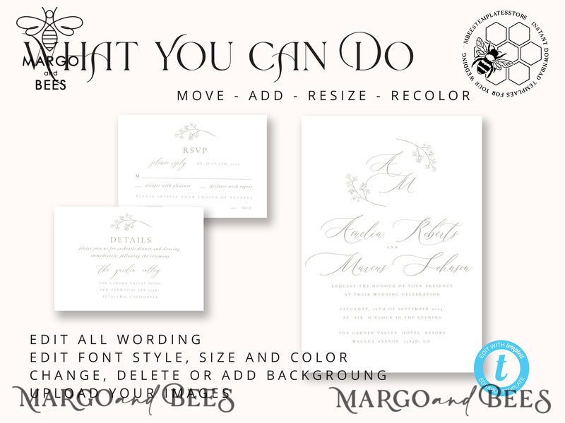 Elegant wedding Invitation Template, Simple Instant Download Printable Invites Home Printing, Boho Baby Breath Wedding Invitation Card Set-7