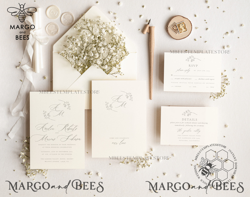 Elegant wedding Invitation Template, Simple Instant Download Printable Invites Home Printing, Boho Baby Breath Wedding Invitation Card Set-2
