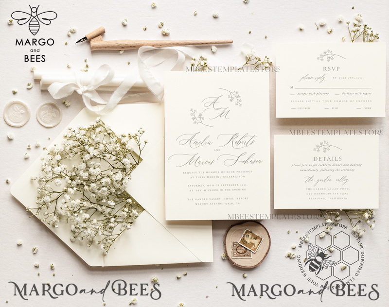 Elegant wedding Invitation Template, Simple Instant Download Printable Invites Home Printing, Boho Baby Breath Wedding Invitation Card Set-0