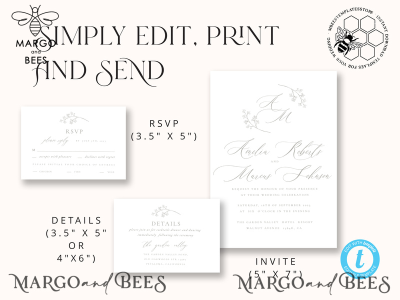 Elegant wedding Invitation Template, Simple Instant Download Printable Invites Home Printing, Boho Baby Breath Wedding Invitation Card Set-5
