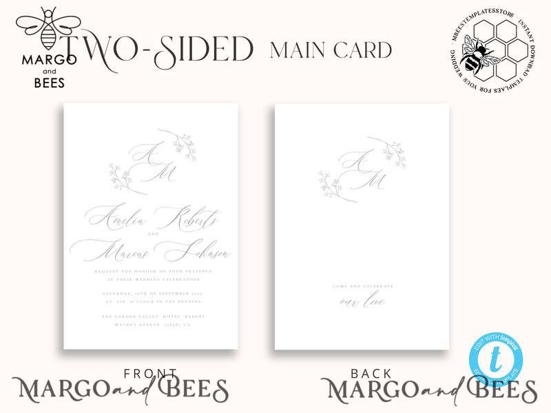 Elegant wedding Invitation Template, Simple Instant Download Printable Invites Home Printing, Boho Baby Breath Wedding Invitation Card Set-3