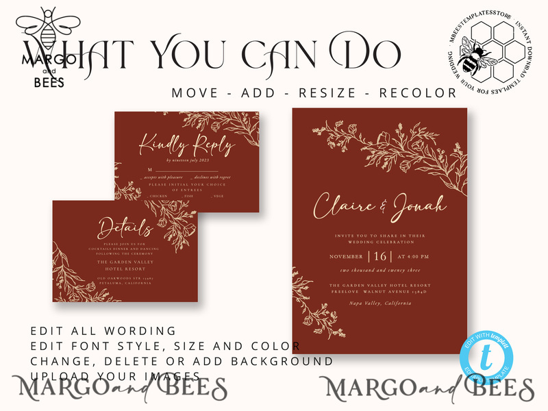 Boho fall wedding Invitations Set Template, Instant Download Printable Invites Home Printing,Elegant Terracotta Fine Art Invitation Card Set-3