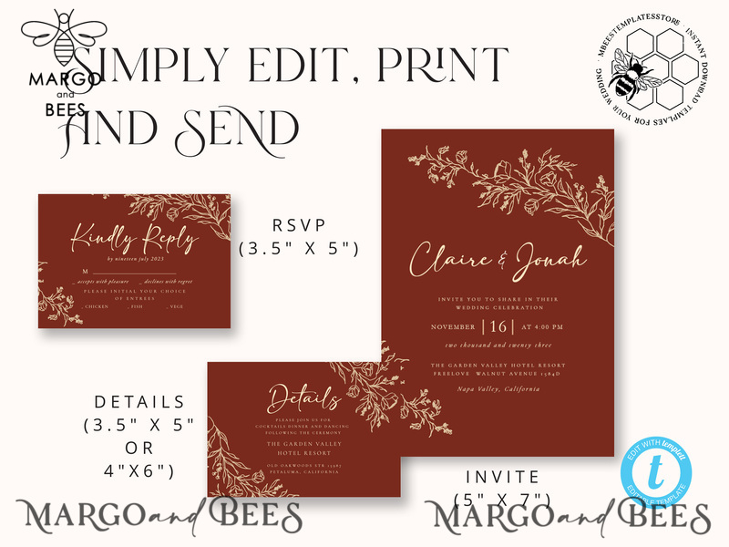 Boho fall wedding Invitations Set Template, Instant Download Printable Invites Home Printing,Elegant Terracotta Fine Art Invitation Card Set-4