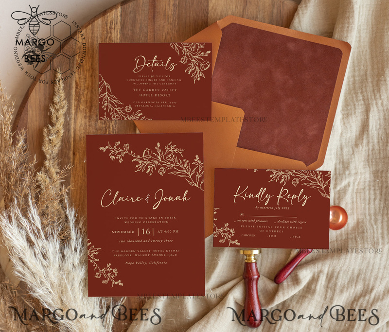 Boho fall wedding Invitations Set Template, Instant Download Printable Invites Home Printing,Elegant Terracotta Fine Art Invitation Card Set-0