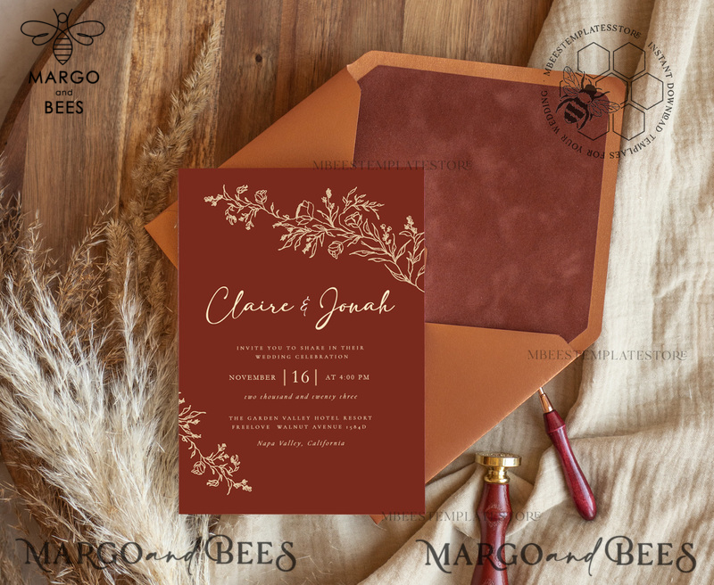 Boho fall wedding Invitations Set Template, Instant Download Printable Invites Home Printing,Elegant Terracotta Fine Art Invitation Card Set-1