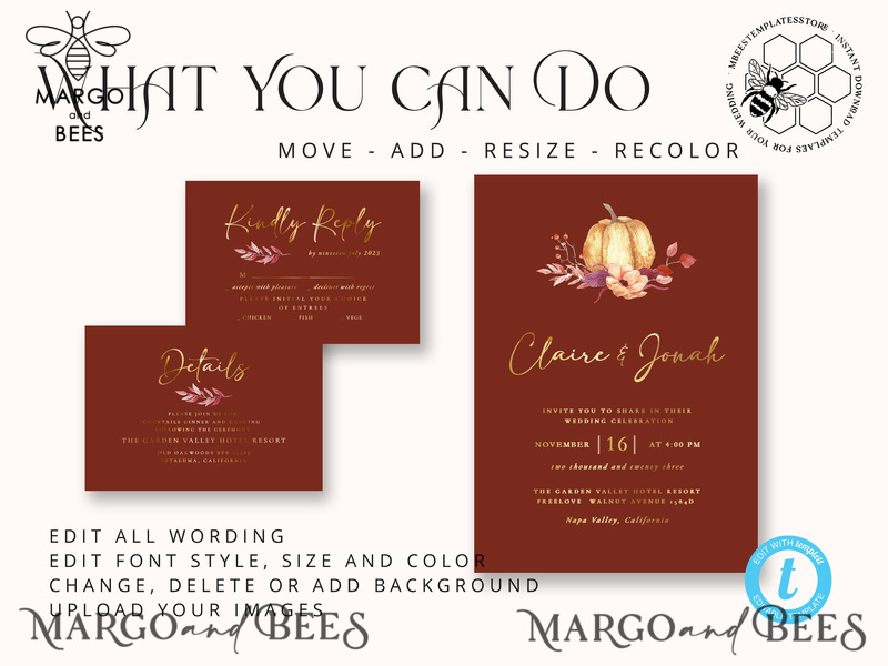 Elegant boho fall wedding Invitations Set Template, Instant Download Printable Invites Home Printing,  Autumn Fine Art Invitation Card Set-4