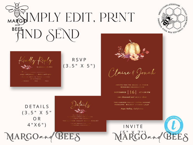 Elegant boho fall wedding Invitations Set Template, Instant Download Printable Invites Home Printing,  Autumn Fine Art Invitation Card Set-5