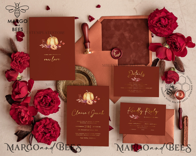 Elegant boho fall wedding Invitations Set Template, Instant Download Printable Invites Home Printing,  Autumn Fine Art Invitation Card Set-0