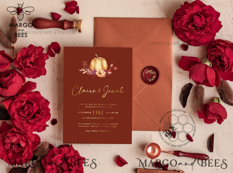 Elegant boho fall wedding Invitations Set Template, Instant Download Printable Invites Home Printing,  Autumn Fine Art Invitation Card Set-1