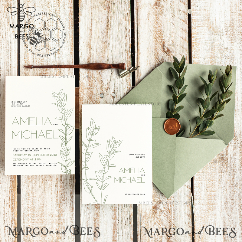 Sage Green wedding invitation template, Instant download Greenery Wedding Invites, Eucalyptus Garden Wedding Invitation Printable-3