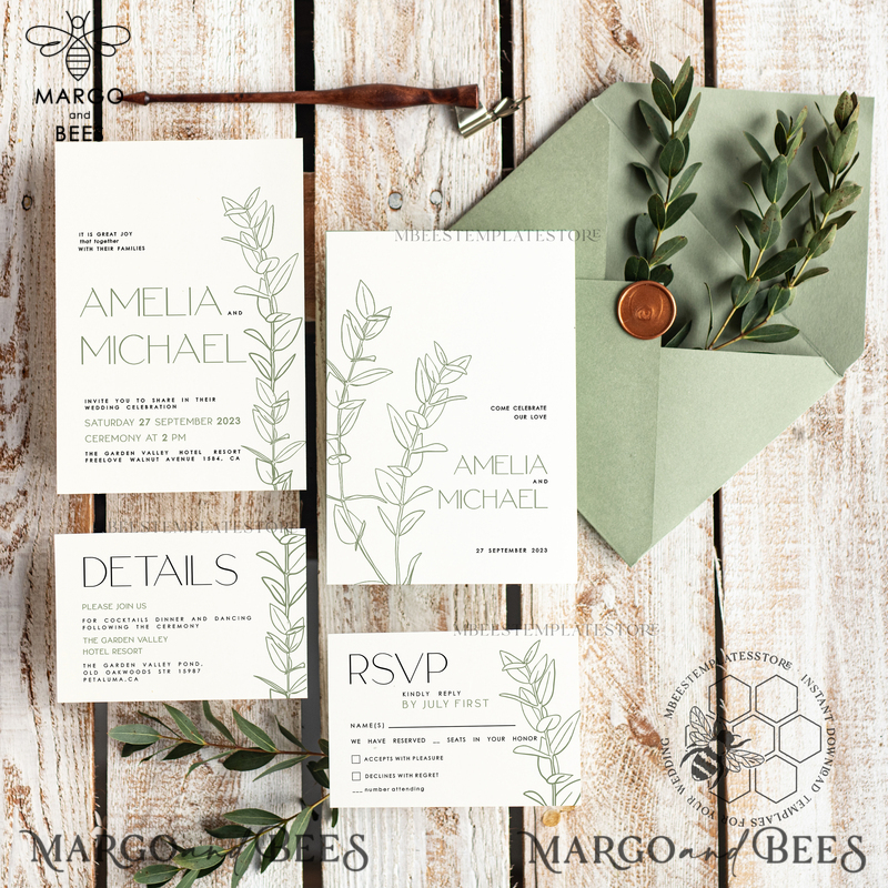 Sage Green wedding invitation template, Instant download Greenery Wedding Invites, Eucalyptus Garden Wedding Invitation Printable-0