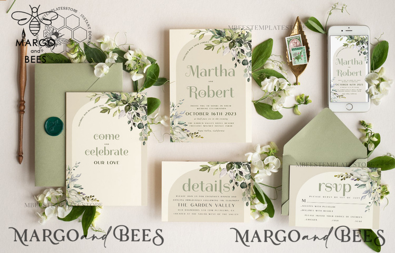 Boho Arch wedding Invitations Evite Set Template, Instant Download Printable Invites Home Printing, Sage Green Garden Invitation Set WBoho15-0