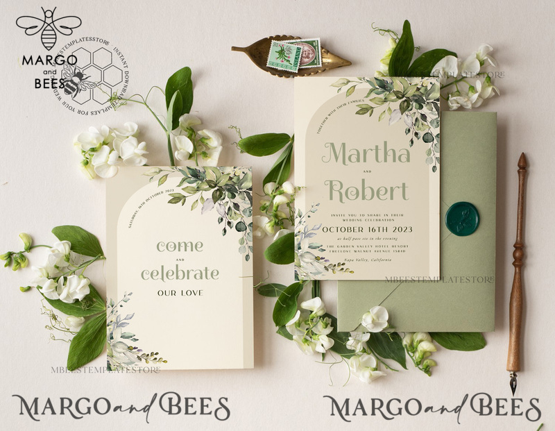 Boho Arch wedding Invitations Evite Set Template, Instant Download Printable Invites Home Printing, Sage Green Garden Invitation Set WBoho15-2