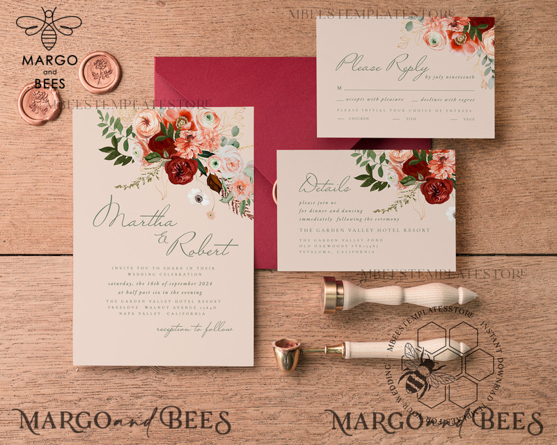 Modern Rustic wedding Invitations Set Template, Instant Download Printable Invites Home Printing, Simple Boho Wedding Invitation Card Set-2