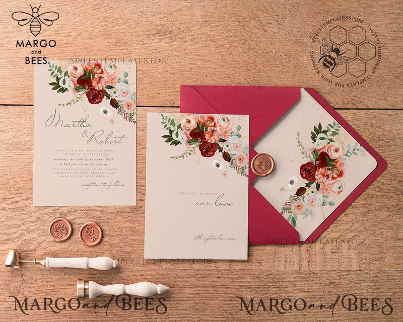 Modern Rustic wedding Invitations Set Template, Instant Download Printable Invites Home Printing, Simple Boho Wedding Invitation Card Set-0