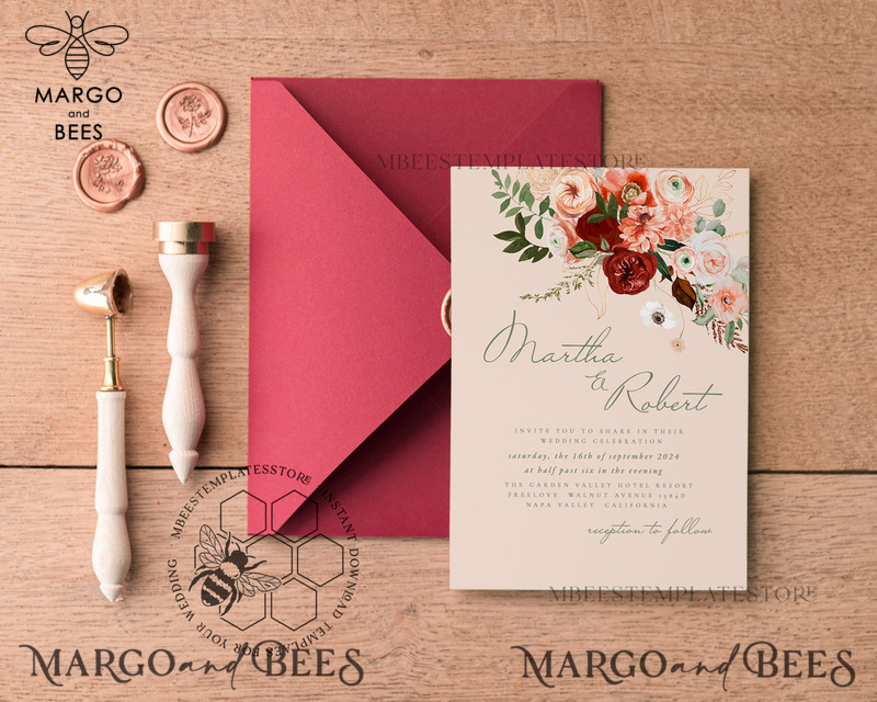Modern Rustic wedding Invitations Set Template, Instant Download Printable Invites Home Printing, Simple Boho Wedding Invitation Card Set-1