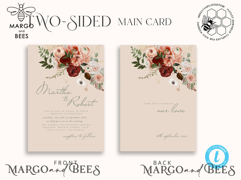 Modern Rustic wedding Invitations Set Template, Instant Download Printable Invites Home Printing, Simple Boho Wedding Invitation Card Set-3