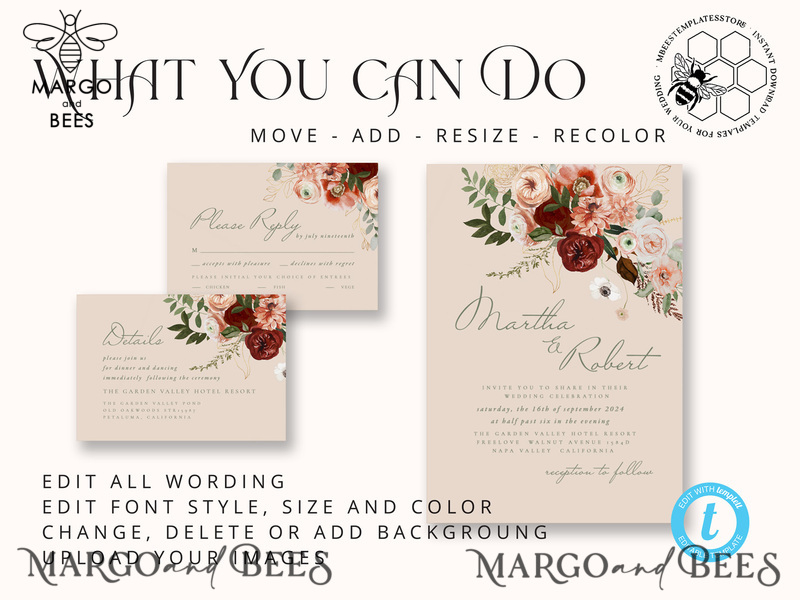 Modern Rustic wedding Invitations Set Template, Instant Download Printable Invites Home Printing, Simple Boho Wedding Invitation Card Set-5
