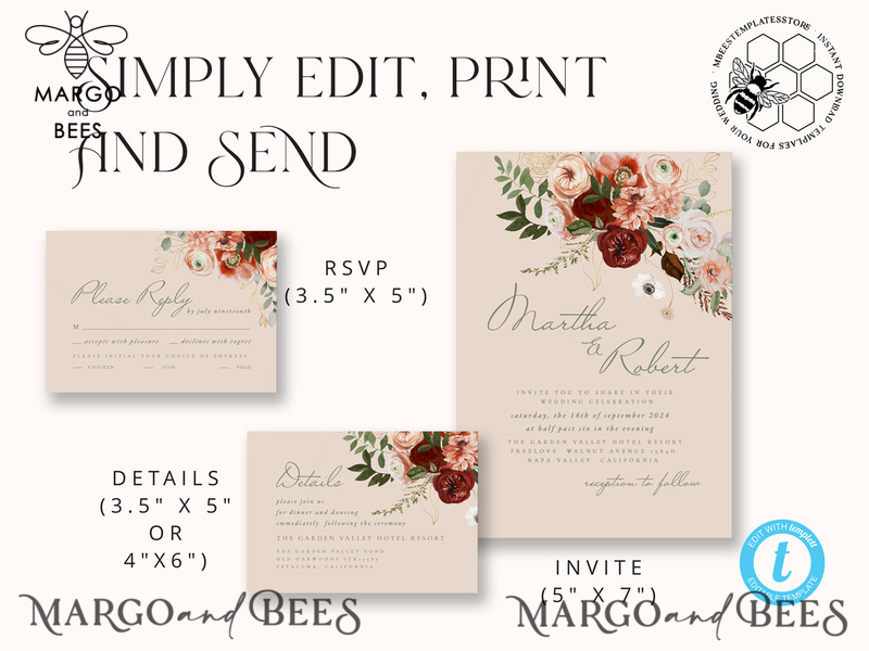 Modern Rustic wedding Invitations Set Template, Instant Download Printable Invites Home Printing, Simple Boho Wedding Invitation Card Set-6