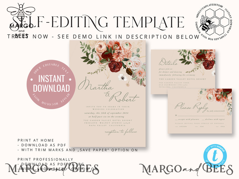 Modern Rustic wedding Invitations Set Template, Instant Download Printable Invites Home Printing, Simple Boho Wedding Invitation Card Set-7