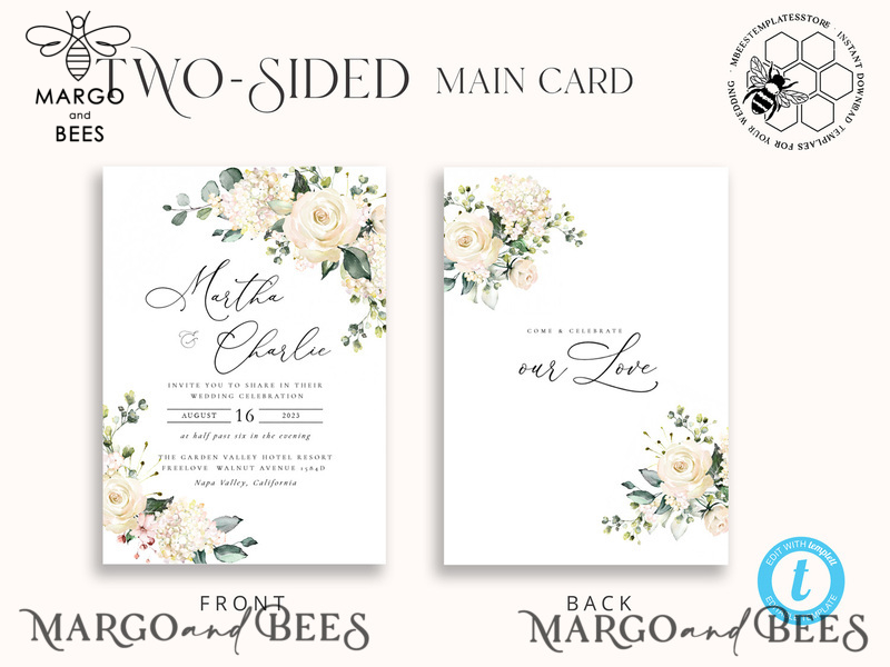 Floral wedding Invitations Set Template, Instant Download Printable Invites Home Printing, Simple Boho Wedding Invitation Card Set WRoses55-3