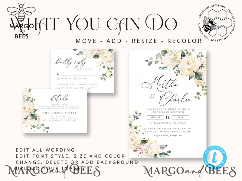 Floral wedding Invitations Set Template, Instant Download Printable Invites Home Printing, Simple Boho Wedding Invitation Card Set WRoses55-4