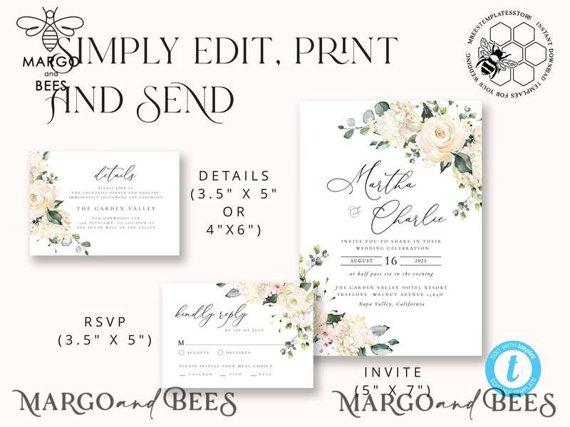 Floral wedding Invitations Set Template, Instant Download Printable Invites Home Printing, Simple Boho Wedding Invitation Card Set WRoses55-6