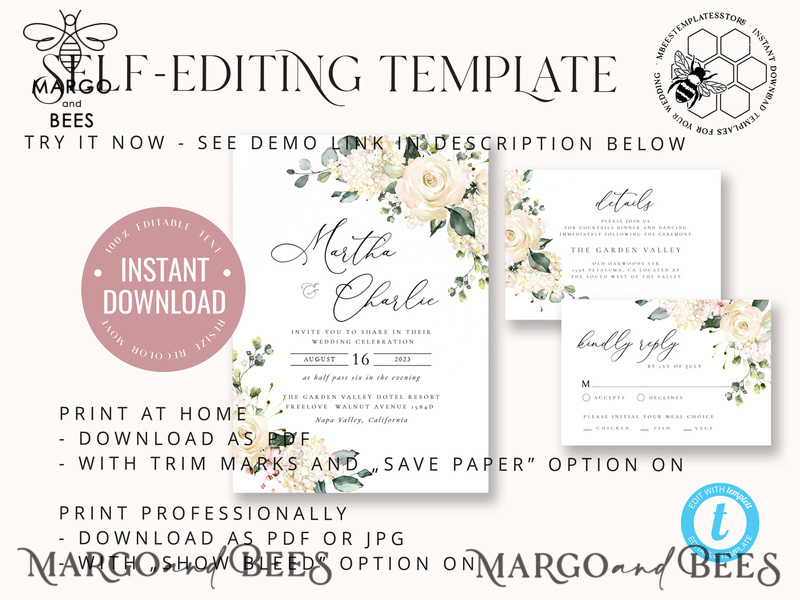 Floral wedding Invitations Set Template, Instant Download Printable Invites Home Printing, Simple Boho Wedding Invitation Card Set WRoses55-7