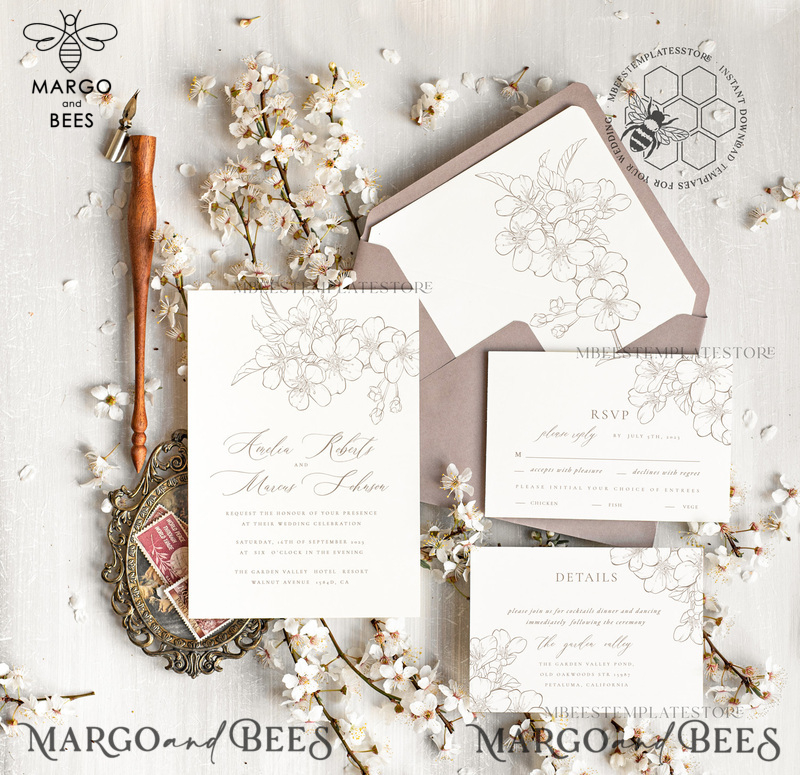 Modern Beige wedding Invitation Template, Elegant Instant Download Printable Invites Home Printing, Boho Cherry Wedding Invitation Card Set-0