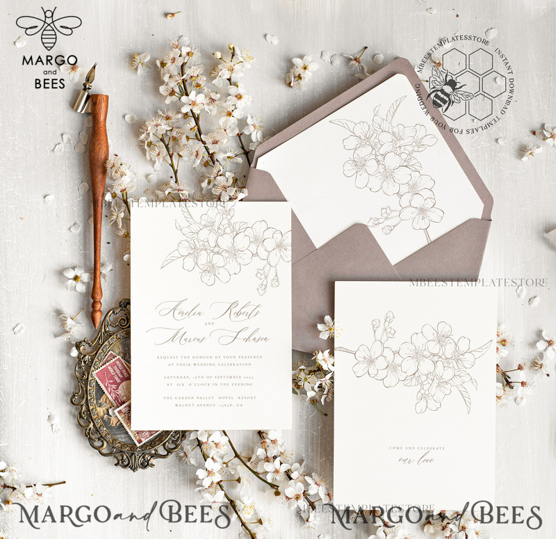 Modern Beige wedding Invitation Template, Elegant Instant Download Printable Invites Home Printing, Boho Cherry Wedding Invitation Card Set-1