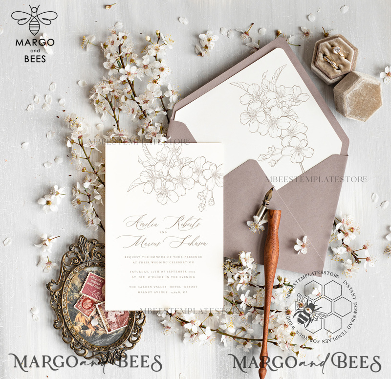 Modern Beige wedding Invitation Template, Elegant Instant Download Printable Invites Home Printing, Boho Cherry Wedding Invitation Card Set-2