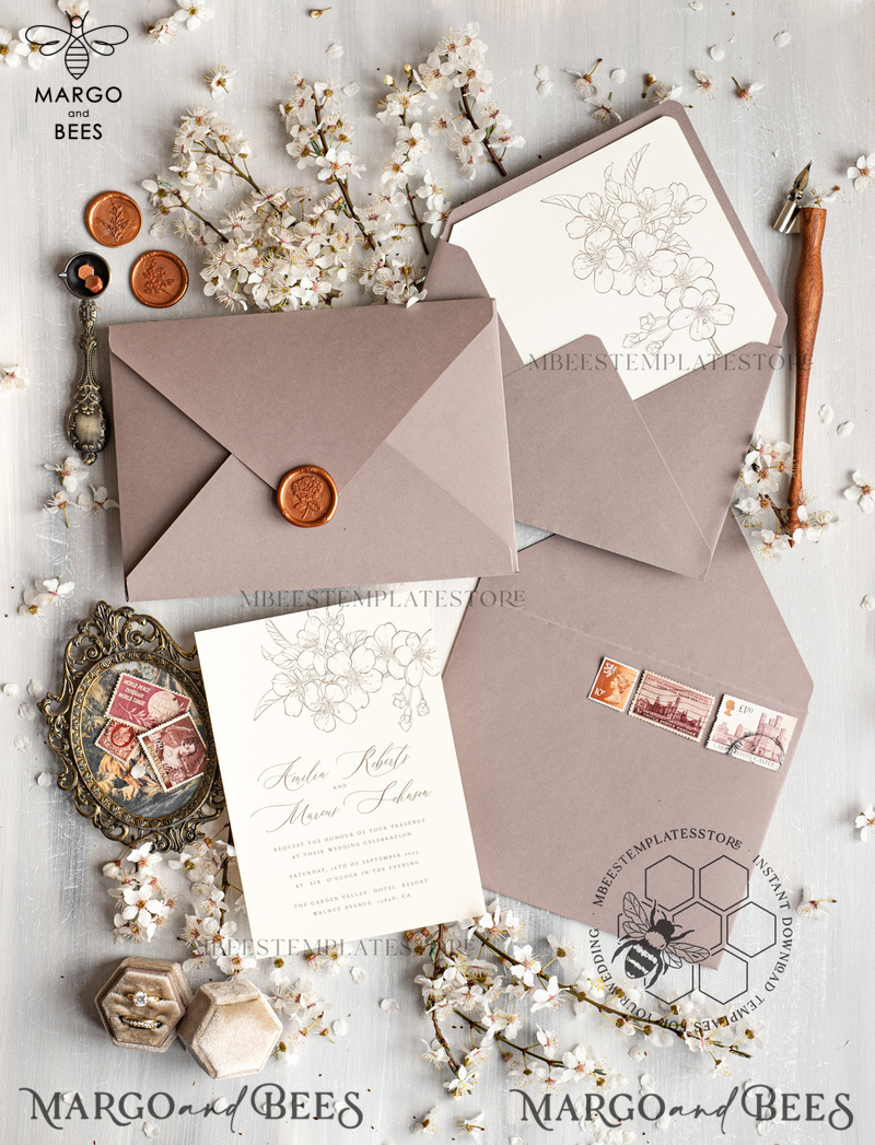 Modern Beige wedding Invitation Template, Elegant Instant Download Printable Invites Home Printing, Boho Cherry Wedding Invitation Card Set-3