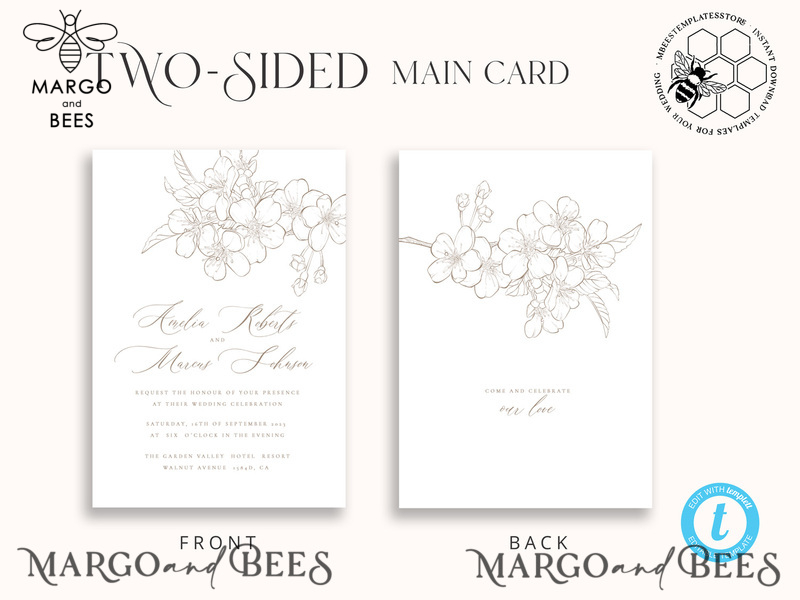 Modern Beige wedding Invitation Template, Elegant Instant Download Printable Invites Home Printing, Boho Cherry Wedding Invitation Card Set-4